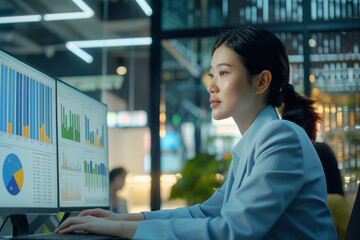 Wall Mural - businesswoman using computers to analyse data with graphics on the monitor screen