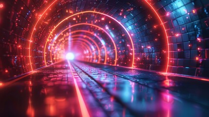 Wall Mural - Red and blue hues dominate this image of a digital tunnel, symbolizing network connectivity or data flow