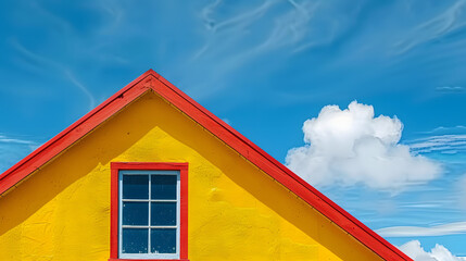 Wall Mural - A yellow house with a red window and a blue sky adorned with white clouds in the background