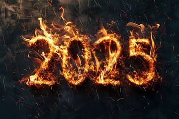 Wall Mural - Burning sparkling text 2025 isolated on black background