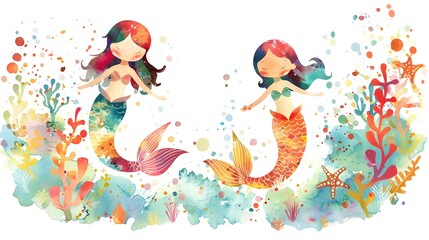 Whimsical Mermaid Twins Exploring Vibrant Underwater Nursery Scene in Expressive Watercolor Style