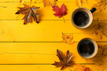 top view cup of espresso coffee and autumn leaves on wooden background, copy space text