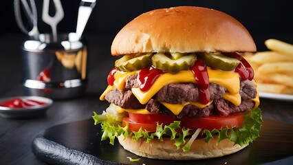 A delectable close-up food photography of a juicy hamburger with melted cheese