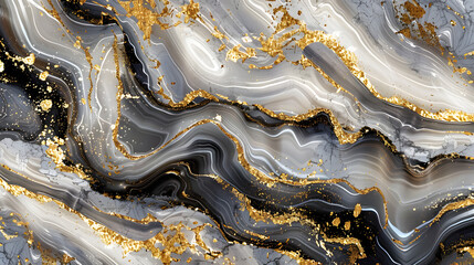 Poster - A tight shot of a marbled surface, adorned with golden and silvery accents against a backdrop of black and white marbling