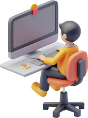 3d illustration simple vector icon, Back of a person working on a desktop computer floating in the air on a white background