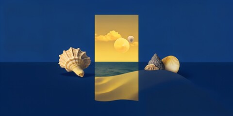 Wall Mural - Double summer collage, with shells and sea. for letter, flyer, greeting card, nature, landscape