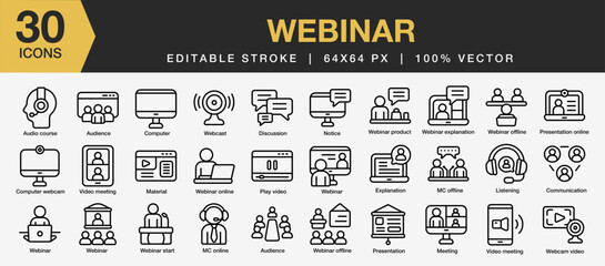 set of 30 webinar icon set. editable stroke icon collection. includes audience, presentation, meetin