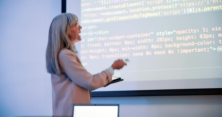 Leinwandbilder - Female teacher, coding and screen on campus for education with html, teaching with technology for web development. Woman, lecture and tablet for projection to students, introduction to programming