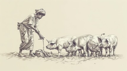 Wall Mural - Parable of Prodigal Son, Rags Among Pigs, Return to Father, Biblical Illustration, Beige Background, Copyspace