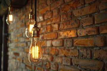 Wall Mural - Vintage Edison light bulbs against brick wall background.