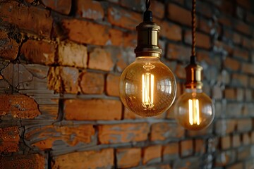 Wall Mural - Vintage Edison light bulbs against brick wall background.