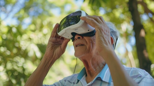 Senior old man using virtual reality headset. VR, future, gadgets, technology concept