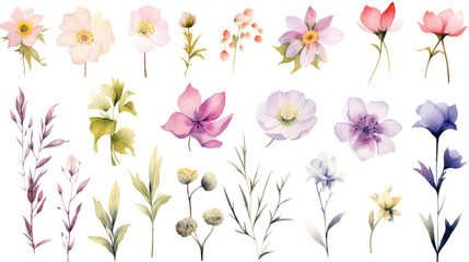 Wall Mural - set of watercolor wildflowers painting isolated on clear png background and transparent background. 