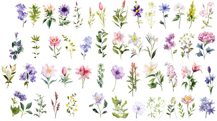 Wall Mural - set of watercolor wildflowers painting isolated on clear png background and transparent background. 