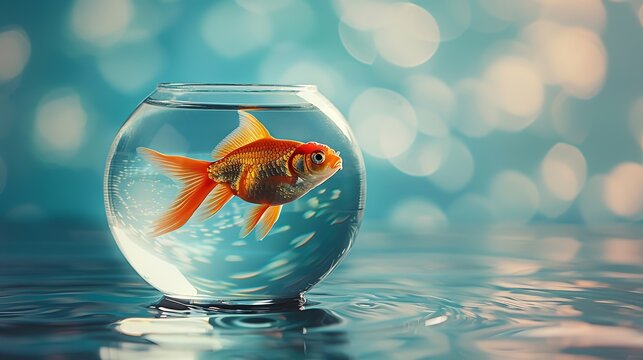 A close shot of a fishbowl with a fish inside of it kept on a clean water surface with a big space for text or product advertisement,  Generative AI.