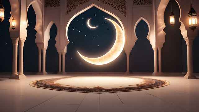 AN IMAGE FOR MASSIVE crescent with light on floor with ramadan theme background, Generative AI