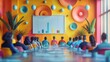 © ZethX - A diverse group of professionals attending a colorful modern business meeting with a presentation on a large screen in a creative office space.
