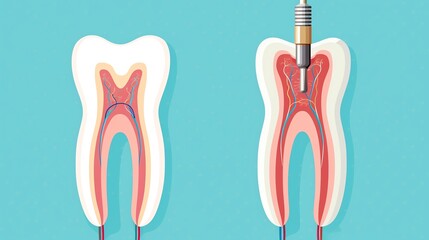 illustration of a tooth with and without a root canal procedure. dental health, endodontic treatment