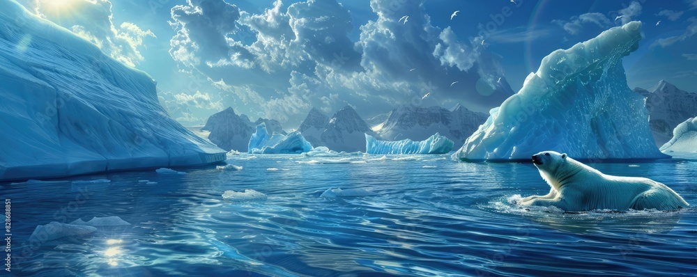 Majestic polar bear swimming among icebergs in the Arctic under a ...