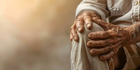 Elderly mans hand holding knee in pain. Concept Elderly Care, Health Concerns, Joint Pain, Physical Discomfort