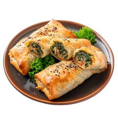 Wall Mural - Front view of Tavuklu Ispanak Sarma with Turkish chicken and spinach rolls, minced chicken and sautéed spinach rolled in thin dough, baked until golden brown, on a white transparent background