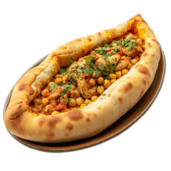 Wall Mural - Front view of Tavuklu Nohutlu Pide with Turkish chicken and chickpea flatbread,  isolated on a white transparent background