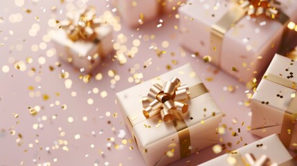 A golden and pink gift box with a bow tied on it, set against a pink celebration background with ribbons and confetti