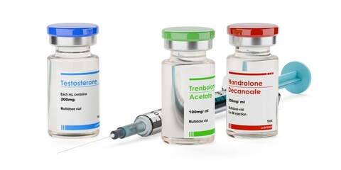 Testosterone, trenbolone and nandrolone steroid vials with syringe on white background, the most commonly used anabolic steroids for muscle growth in sport doping