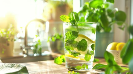 Refreshing glass of lemonade with mint leaves, sunlit window background. Perfect for summer beverage, healthy lifestyle, and natural refreshment concepts.