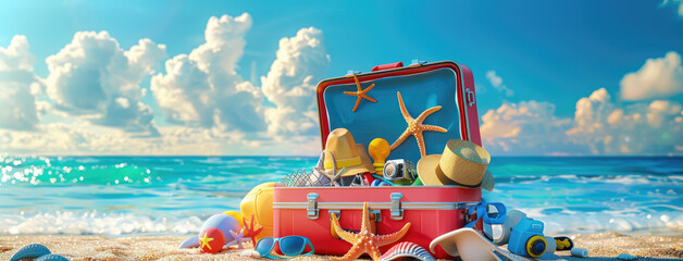 The suitcase is open on the beach, with various summer travel equipment inside it. The background features a blue sky and white clouds, and there's an ocean in front.