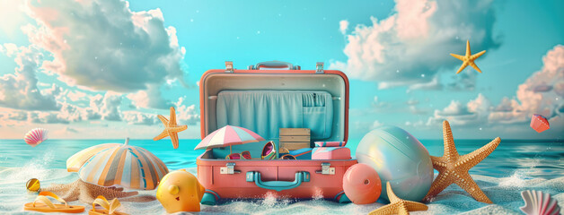 The suitcase is open on the beach, with various summer travel equipment inside it. The background features a blue sky and white clouds, and there's an ocean in front.