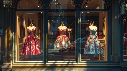 Wall Mural - Stylish mannequins showcase fashionable dresses in boutique window.