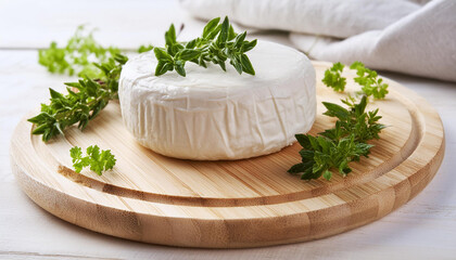 Wall Mural - Fresh round cheese piece with herbs on round wooden board. Farm natural product. Organic food.
