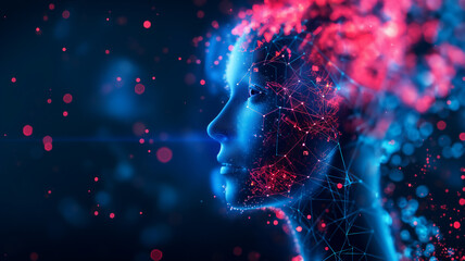 Abstract digital human profile with neural network connections in blue and red hues.