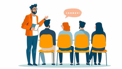 Imagine a flat design of an HR manager facilitating a leadership development program