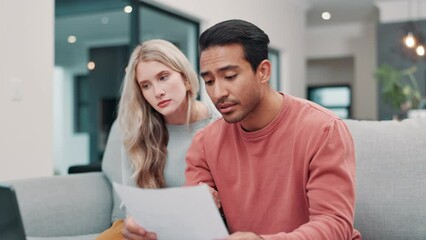 Poster - Couple, stress and home debt or financial documents for loan, mortgage and bankruptcy on laptop and sofa. People fight, argue or worry of cost of living, invoice and inflation with paperwork or bills