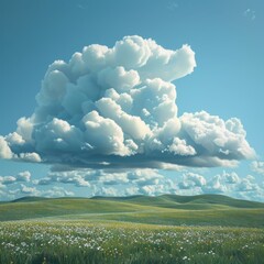 Wall Mural - Green rolling hills and white fluffy clouds