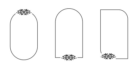 Wall Mural - Set of arched floral frames, isolated on a white background - Simple black botanical frames for poster designs, posts, advertisements, and more - Decorative, modern, and elegant vertical frames