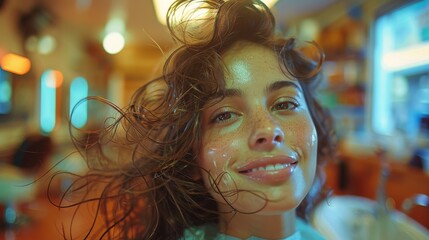 Wall Mural - A radiant young woman with wet, curly hair sparkles with joy in a warm, indoor setting