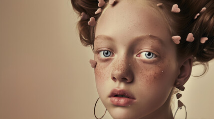 Wall Mural - portrait of a little girl on a beige background
