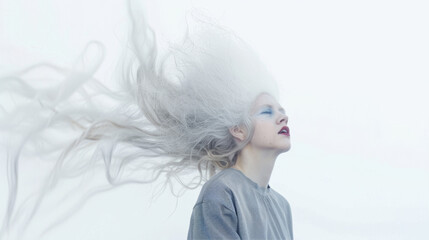 Wall Mural - Portrait of a girl on a white background with feathers in her hair
