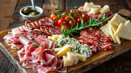 Gourmet charcuterie board with thinly sliced meats, parmesan, pecorino, gorgonzola, and decorative herbs, elegant arrangement
