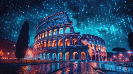 the colosseum in rome, italy, with a starry night sky and a blue light show.