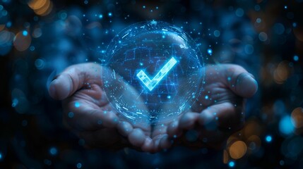 Hands Holding Digital Checkmark, Glowing blue checkmark sphere cradled by human hands, Digital Approval Concept