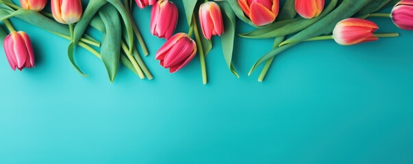 Spring tulip flowers on background top view in flat lay style flower floral background border texture