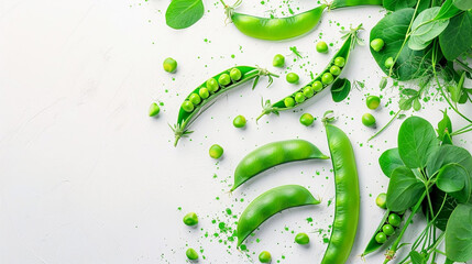 White background on which green peas lie, top view