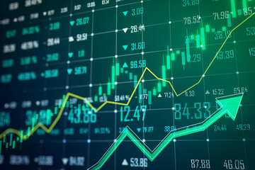 Canvas Print - A detailed stock market data display with upward trending arrows indicating positive growth, set on a dark digital background, concept of financial success. 3D Rendering