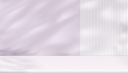 Wall Mural - Light Purple Background with light,Shadow leaves on modern wall line striped texture waves pattern with podium stand display for technology concept presentation,Vector banner design for new technology