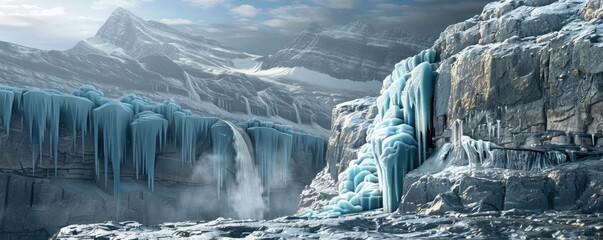 Scenic view of a frozen waterfall and glacial landscape, showcasing icy cliffs and snowy mountains under a cloudy sky.