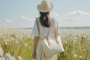 Wall Mural - Girl holding blank eco tote bag for design mockup.